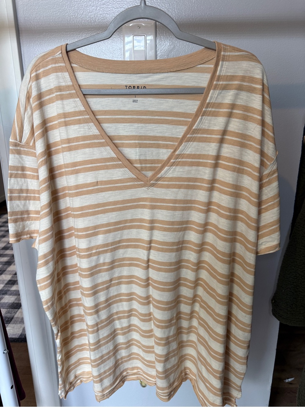Torrid Cream & Tan Striped V-Neck Short Sleeve Tee